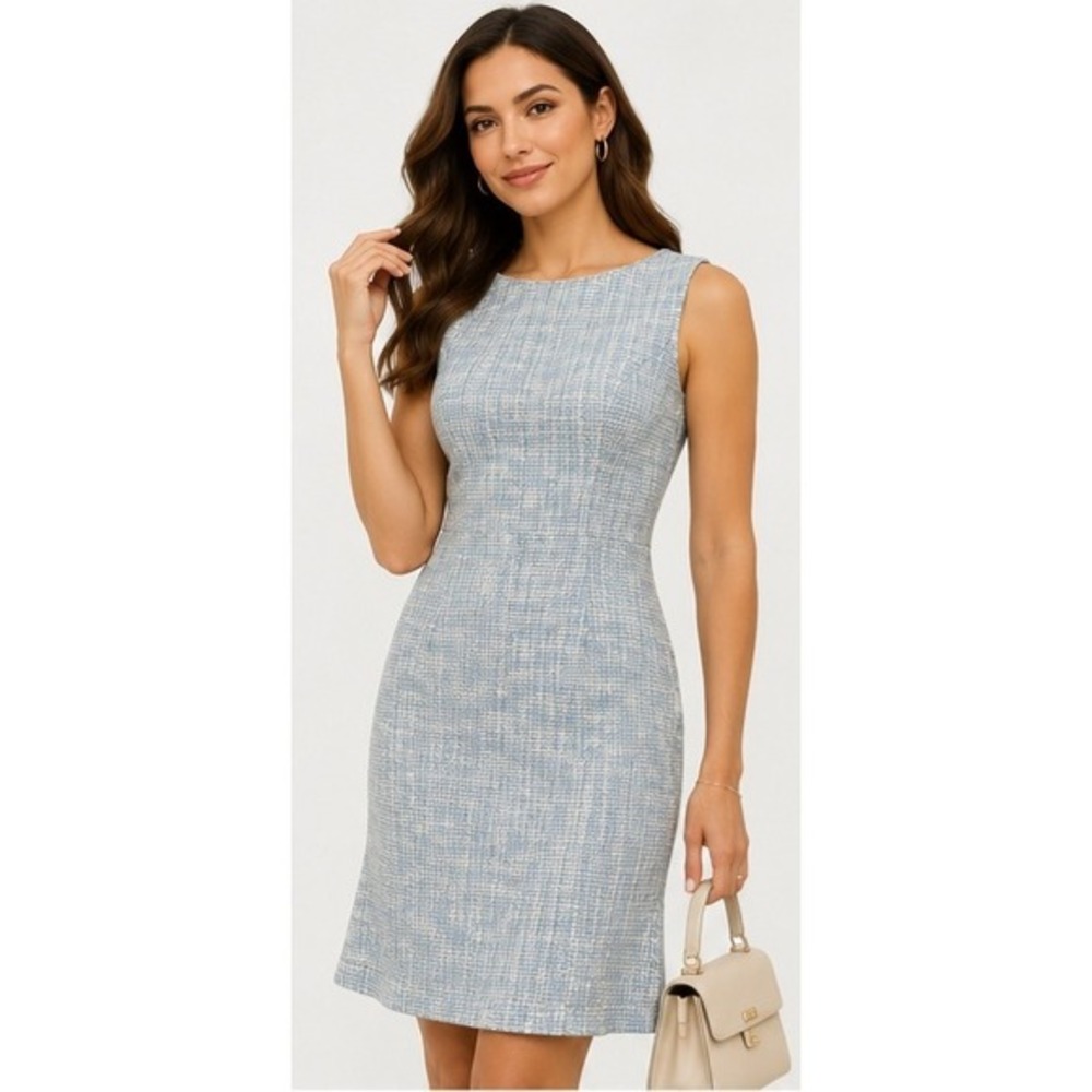ALLEGRA K Women's Blue White Tweed Sheath Dress‎ Sleeveless Size M Career